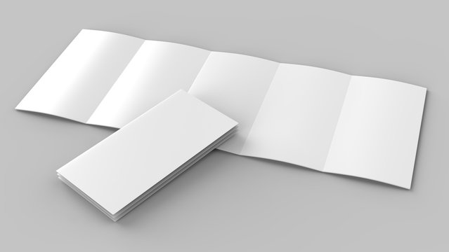 Accordion fold brochure, ten page leaflet, concertina fold. blank white 3d render illustration.