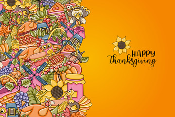 Happy Thanksgiving greeting card. Doodle background with typography. Vector illustration.