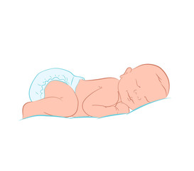 Newborn Little Baby Stylized Art. Lovely Newborn Baby Sleeping. Color Sketch, Hand Drawn. It's a Girl. Cute Sleeping Baby Drawing. Simple Cartoon Vector Illustration.