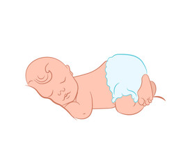 Baby Boy Shower Card. Cute Little Sleeping Child. Color Sketch, Hand Drawn. It's A Boy. Cute Sleeping Baby Drawing. Simple Cartoon Vector Illustration. Newborn Little Baby Stylized Art.