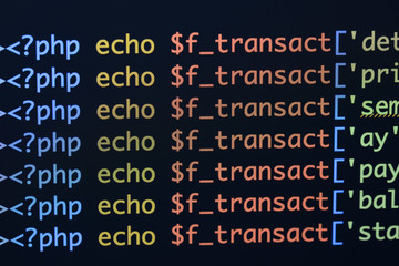 Real Php code developing screen. Programing workflow abstract algorithm concept. Lines of Php code...