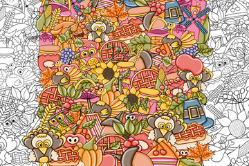 Thanksgiving doodle background. Black and white coloring page game. Vector illustration.
