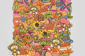 Thanksgiving doodle background. Greeting card, brochure or flyer template. Vector illustration.