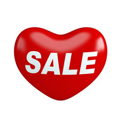 Realistic hanging red heart sale balloon for valentines day promotion in white background. 3d render