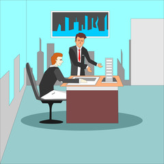 Business people coworkers discussing building model and blueprint plans. Confident team of engineers working together in an architect studio concept illustration vector.