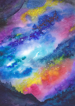 Space background. Watercolor art background with space, stars, milky-way. University art background. Multicolor abstract background. Wall art painting for home decor. Interior wall art.