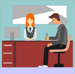 Woman receptionist and businessman signing at office reception desk. Woman administrator and the client on the visitor reception concept illustration vector.