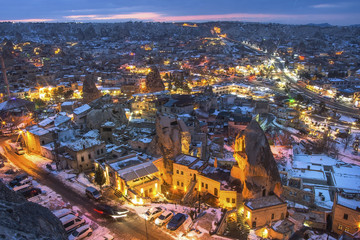 Fototapeta premium The great tourist place Cappadocia - at night time with beautiful light. Goreme, Cappadocia, Turkey