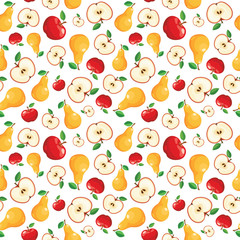 Seamless fruits pattern isolated on white. Apples and pears haotically arranged. Tiled kitchen background from fresh fruits.