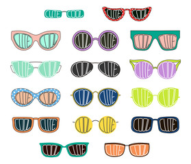 Set of hand drawn cute cartoon sunglasses of various colours and shapes, with words Cool and Cute written inside the lenses.