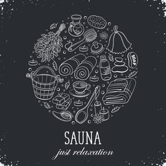 Sauna relaxation poster. Sauna accessories sketches in circle shape. Hand drawn spa items collection. Doodle sauna objects on chalkboard.