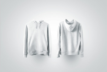 Blank white sweatshirt mockup set, front and back side view. Empty sweat shirt mock up on rack....