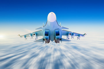 Military fighter aircraft at high speed, flying high in the sky.