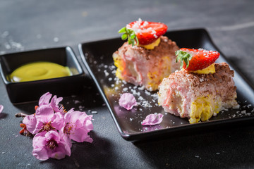 Enjoy your sweet sushi made of strawberry and mango
