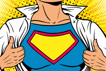 Pop art female superhero. Closeup of sexy woman dressed in white jacket shows superhero t-shirt empty sign on the chest. Vector illustration in retro pop art comic style. Pop art background. - obrazy, fototapety, plakaty