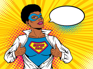 Female superhero. Young sexy afro american woman in mask with short hairstyle dressed in white jacket shows t-shirt with superhero text on the chest. Vector illustration in retro pop art comic style.