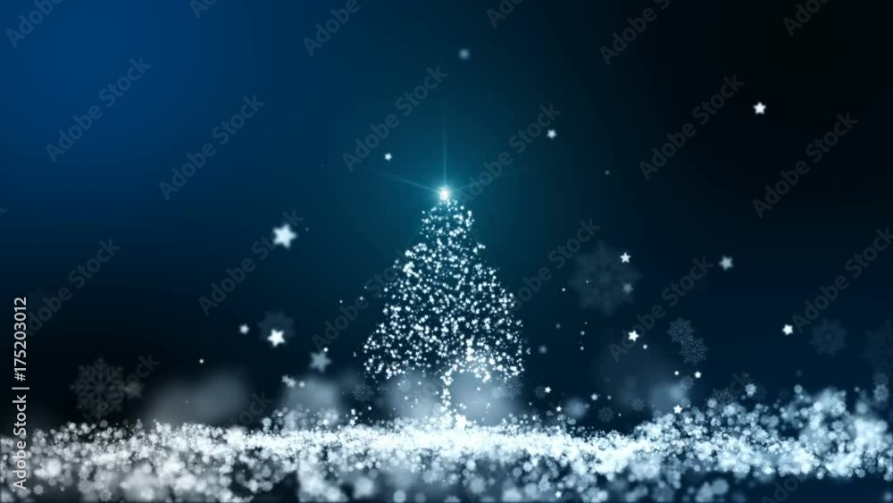 Poster animation motion background, the particle merges into a christmas tree shape with light ray beam.