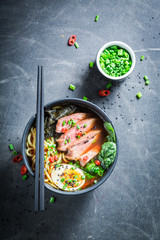 Delicious Ramen soup with chive and algae