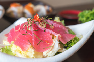 Japan luxury tradition food "Tuna Sashimi" serve with wasabi and shoyu sauce