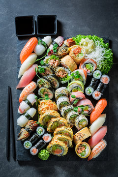 Tasty sushi mix made of fresh vegetables and seafood