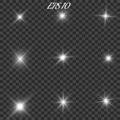 Glowing lights, stars and sparkles. Isolated on black transparent background. Vector illustration