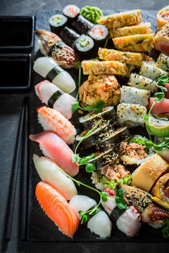 Fresh sushi set made of fresh vegetables and seafood
