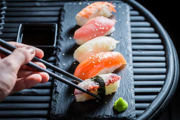 Tasty Nigiri sushi made of salmon and rice