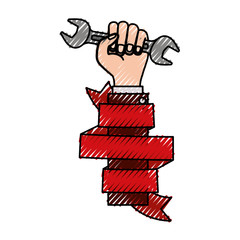 hand holding wrench with decorative red ribbon around of arm colored crayon silhouette
