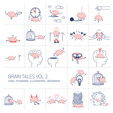 Brain tales volume 2, Vector concept illustrations set of brain in different funny situations | flat design linear icons set and infographic red and blue on white background