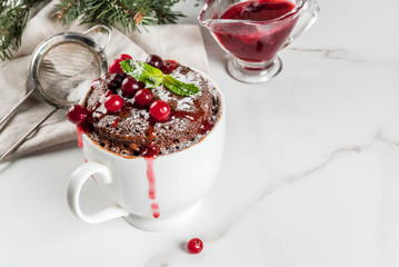 Winter, fall healthy breakfast or snack. The idea of a quick treat for Christmas. Chocolate mug cupkake in ceramic cup, with cranberry and sauce, powdered sugar. White marble table, copy space
