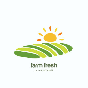 Farm and farming vector logo, label, emblem design template. Isolated illustration of green fields landscape, rising sun. Concept for agriculture, harvesting, natural farm, organic products.