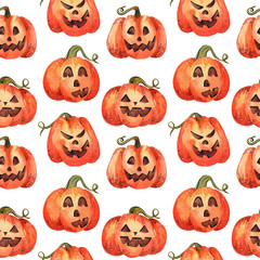 Seamless halloween pattern with watercolor pumpkin