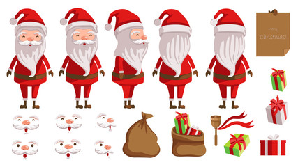 Santa Claus. creation set of Christmas concept. animated character. Icons with different types of faces and hats, emotions, front, rear, side view of male person. Vector illustrations Isolated 