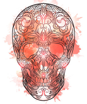 Contour  illustration of a sugar skull with watercolor splashes. The holiday of the Day of the DeadVector element for your creativity