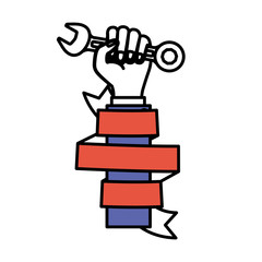 hand holding spanner with decorative ribbon around of arm color sections silhouette