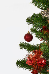 Decorated Christmas tree isolated on white background with copy space