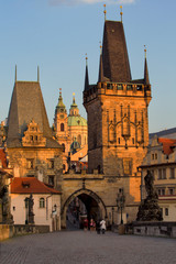 Fototapeta premium Scenic sunrise aerial view of Charles Bridge in Prague, Czech Republic