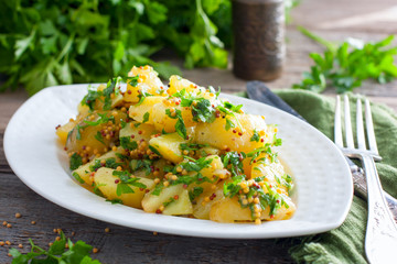 Potato salad with mustard and parsley, horizontal