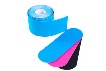 colorful kinesiology tape. Physiotherapy and therapeutic tape for wrist pain, aches and tension. elastic therapeutic tape. adhesive tape and alternative medicine.