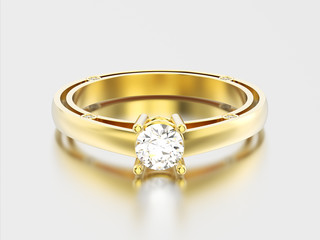3D illustration yellow gold decorative solitaire engagement diamond ring with shadow and reflection