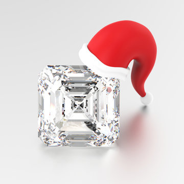 3D illustration asscher diamond stone in the Christmas Santa Claus hat