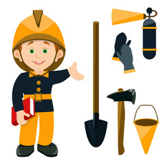 the child is dressed in the working uniform of a fireman holding a book. cartoon schoolboy pointing at the fire equipment: axe, shovel, fire extinguisher, bucket, gloves