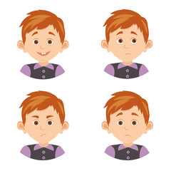 Facial avatar emotions icons set expressing smile sadness fun happiness anger, joy, pensiveness, surprise isolated vector illustration.Man avatar icons set with clothes isolated on white background