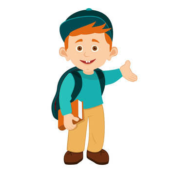 Full length portrait of a schoolboy with backpack invites to school, isolated on white background. Cartoon young student  holding a book. the boy with the wide smile and friendly facial expression