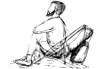 sketch of a young man with a beard sitting in a deckchair