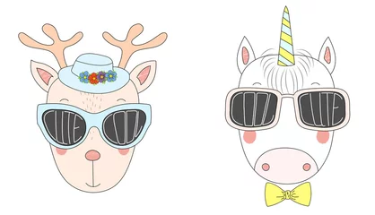 Fotobehang Hand drawn vector illustration of a funny reindeer and unicorn in big sunglasses with words Cute and Cool written inside them. © Maria Skrigan