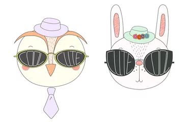 Zelfklevend Fotobehang Hand drawn vector illustration of a funny owl and rabbit in hats and big sunglasses with words Cute and Cool written inside them. © Maria Skrigan