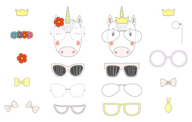 Hand drawn vector illustration of a cute funny unicorn heads with a set of different glasses, sunglasses, trendy hats and accessories.