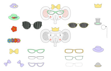 Hand drawn vector illustration of a cute funny elephant heads with a set of different glasses, sunglasses, trendy hats and accessories.
