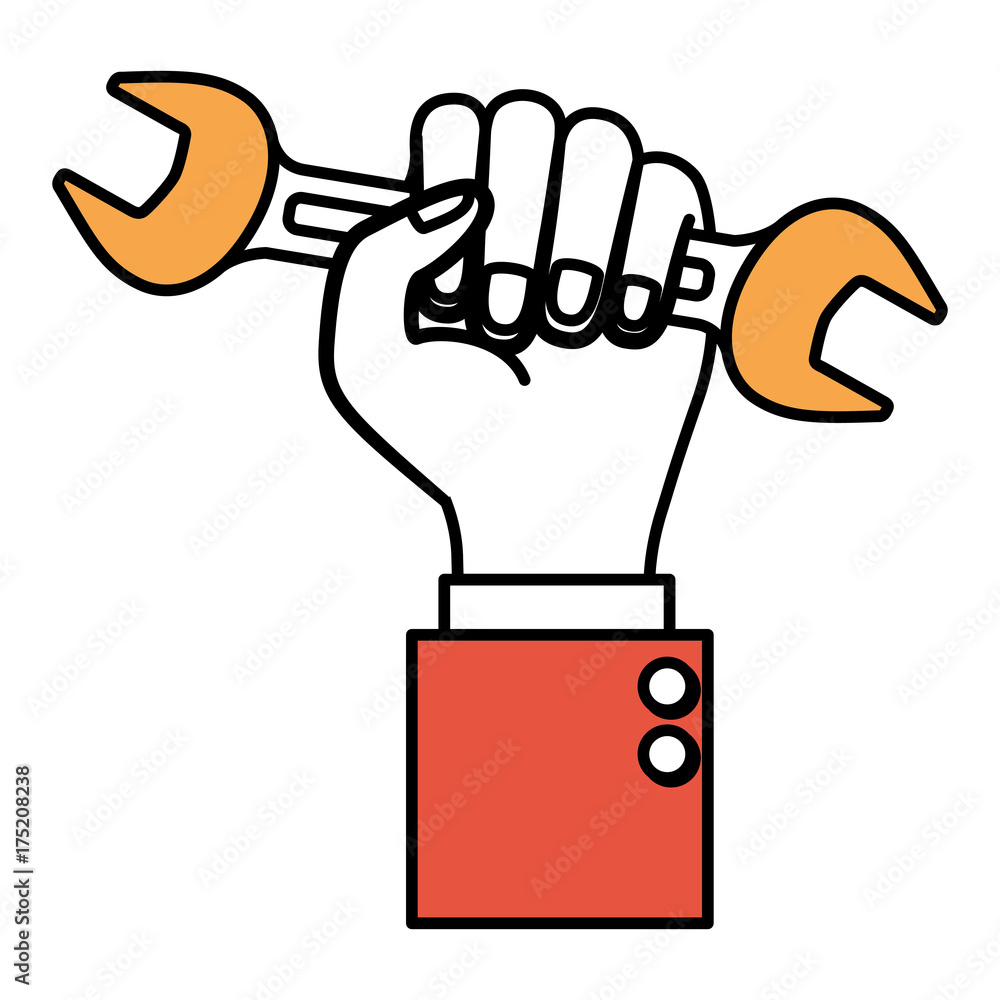 Sticker hand holding wrench flat icon color sections silhouette